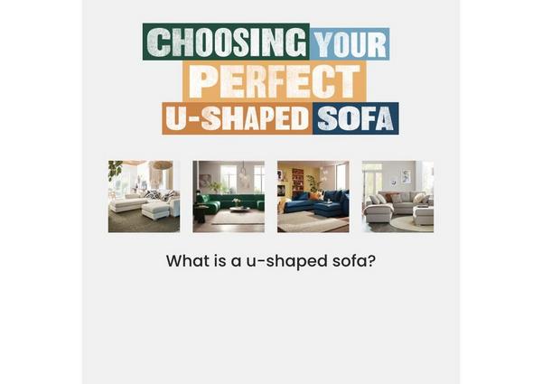 A selection of different colour u shaped sofas inside different living room settings
