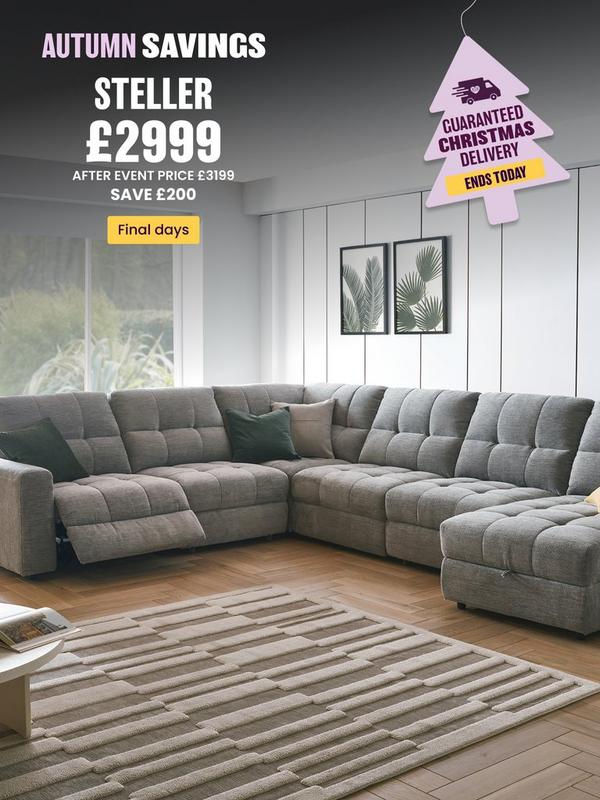 Grey corner sofa with recliner function and footstool 