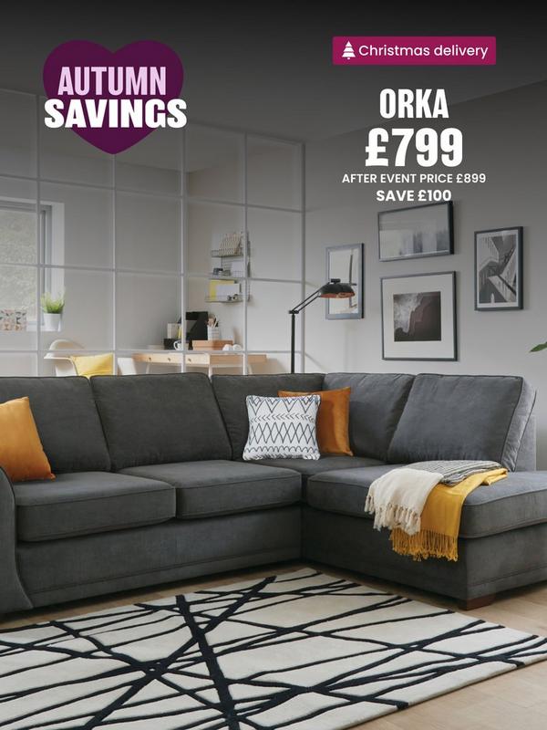 grey fabric corner sofa with mustard scatter cushions