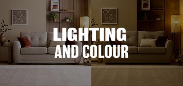 cream sofa under two different types of lighting
