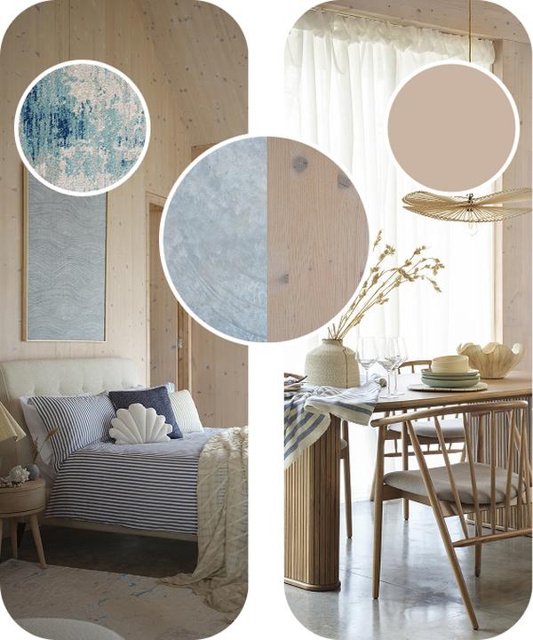 A moodboard of a cream u shaped sofa in a calm coastal themed room