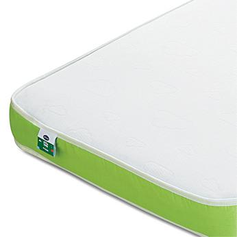 Side view of a yellow banded mattress on a white background