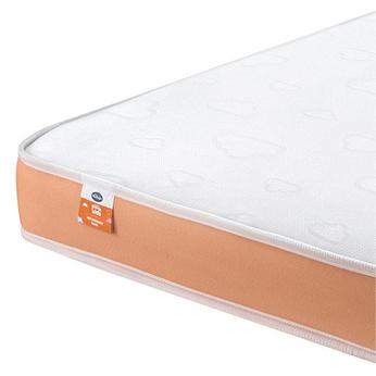 Side view of a pink banded mattress on a white background