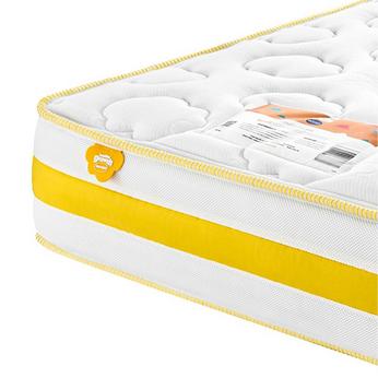 Side view of a yellow banded mattress on a white background