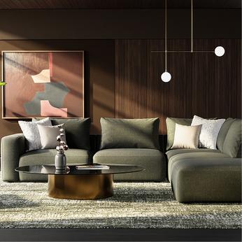 sage green corner sofa with a walnut coloured coffee table