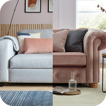 Split image with a grey sofa on the left and a pink sofa on the right