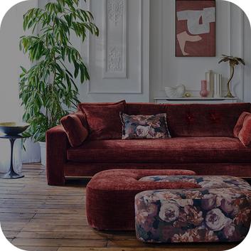 red sofa in a white room