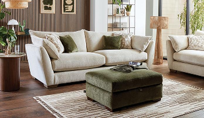 Cream sofa with olive green accessories