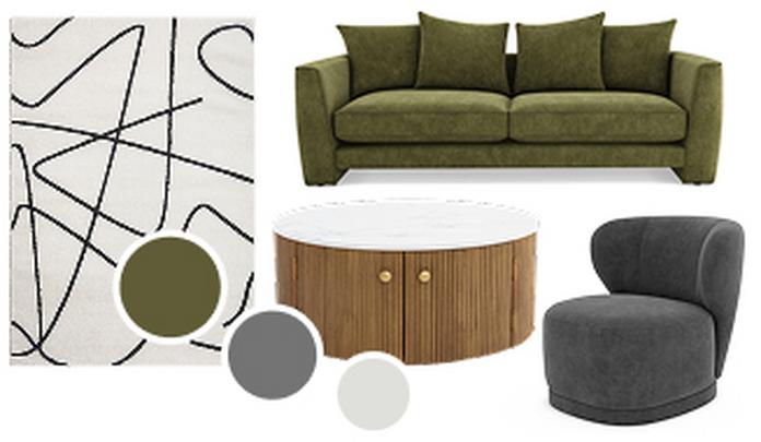 Olive green sofa with charcoal and cream accessories