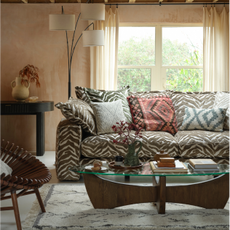 animal print sofa and nature themed room