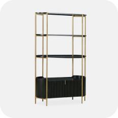 black bookcase with gold frame and black cupboards