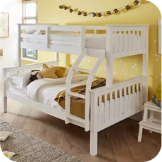 a white bunk bed in a yellow room