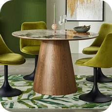 dining table surrounded by green dining chairs