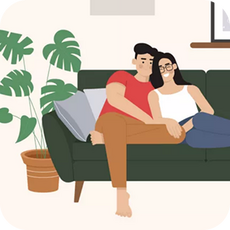 Illustration of a couple on a sofa leaning into each other
