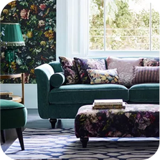 jade green sofa in a sun-drenched room
