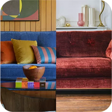 a split image of bright blue sofa and a deep red sofa