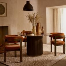 Rust and walnut dining set with neutral background