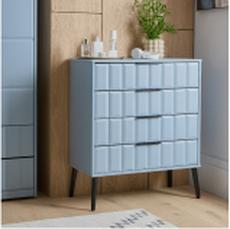 blue bedroom drawers with oak flooring