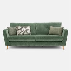 green mid century sofa with green and white pattern scatter cushions