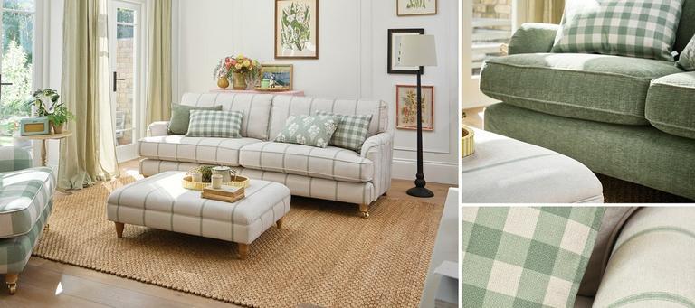 a collage of images showing the country living arundel sofa