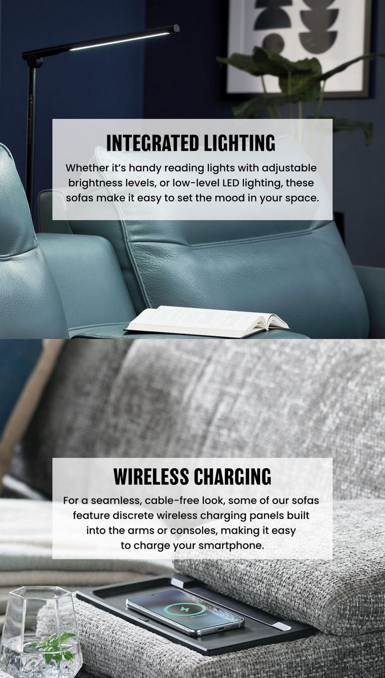 Blue leather sofa with led bar light and a grey fabric sofa wirelessly charging a mobile phone