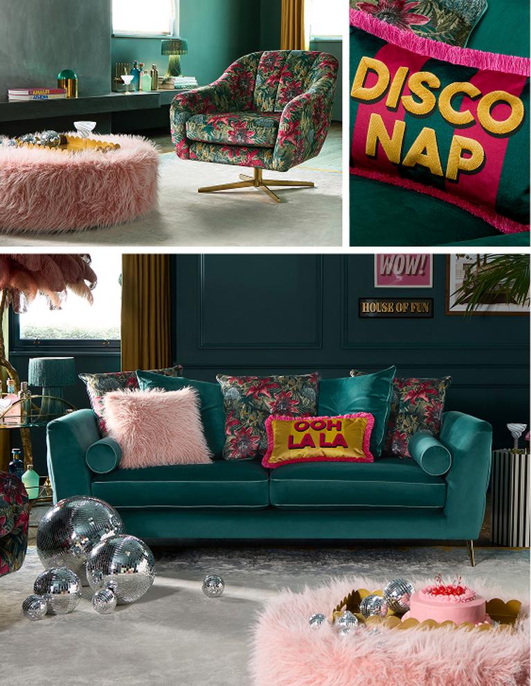collage of the Amanda Holden Showstopper sofa