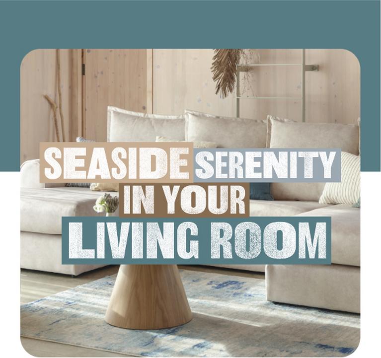 A cream u shaped sofa in a calm coastal themed room