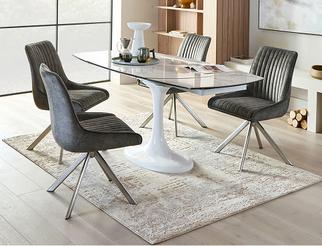 oval marble dining table with grey dining chairs