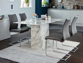marble dining table with grey leather dining chairs