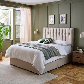 Cream weave bed with Art Deco inspired fluting and traditional button-back detail