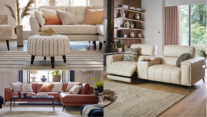 A cream leather recliner sofa with neutral rug