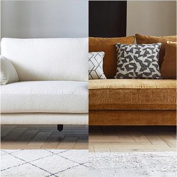 a split image of a gold and a cream sofa