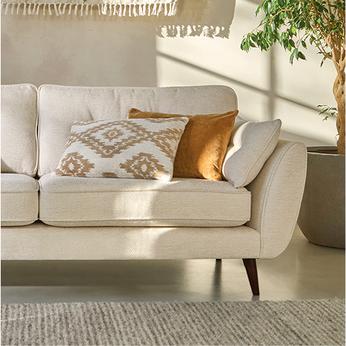 closeup of the zinc sofa in boucle