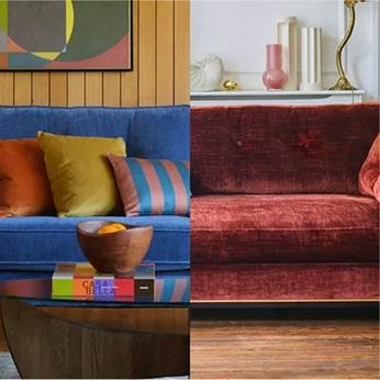 a split image of a blue and red sofa