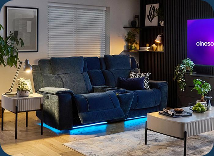 Blue recliner sofa with blue with LED lights
