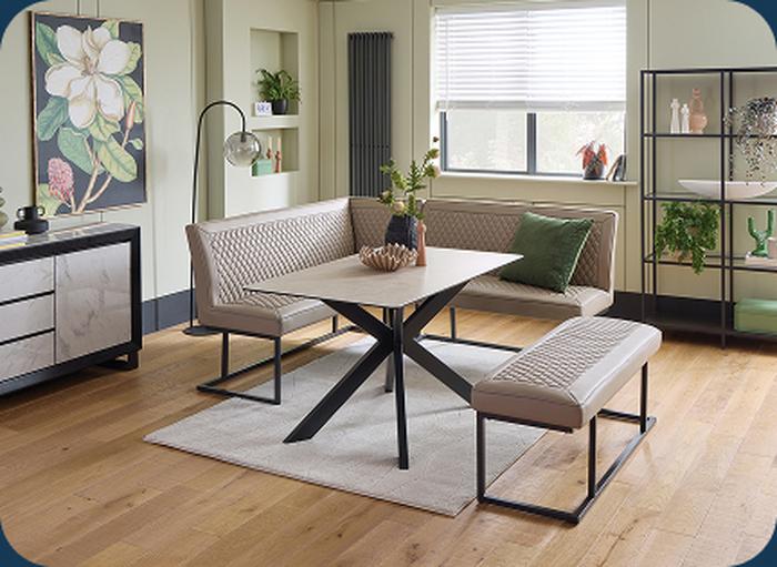 Beige dining set with green background