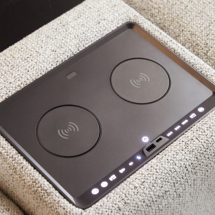 A close up of a control unit for the Rowe sofa