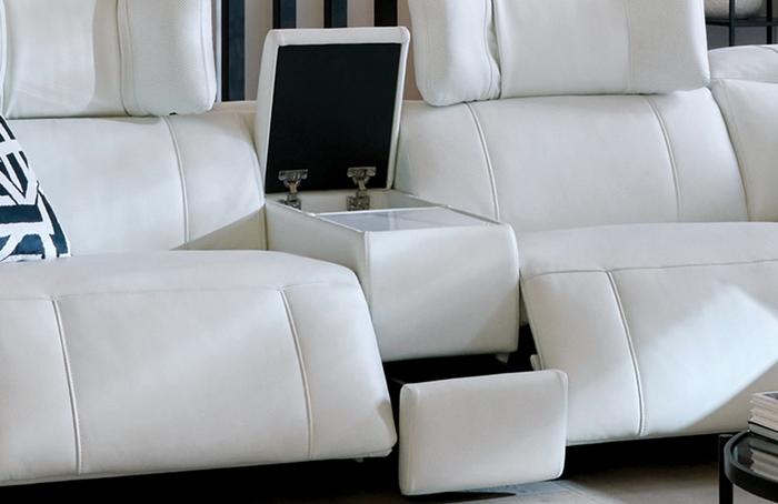 close up of a white sofa with open drawers and compartments