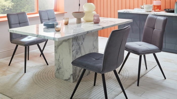 4 grey dining chairs by marble effect dining table