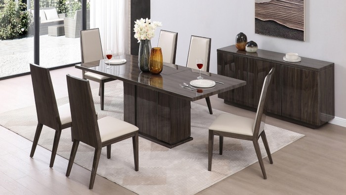 6 white chairs around a large dining table