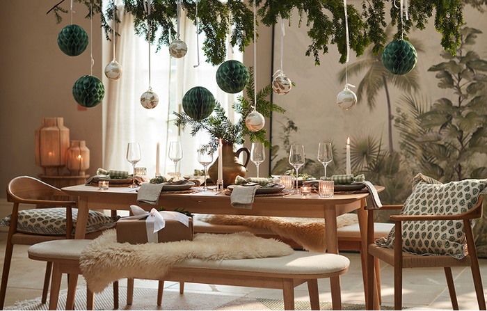 oak dining set dressed for Christmas