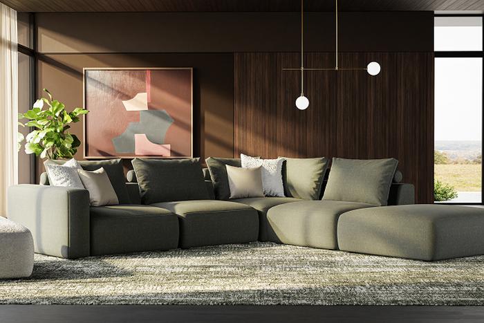 Grand Designs Mova modular sofa in green in a corner chaise configuration