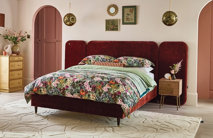 Red chenille hotel style bedframe