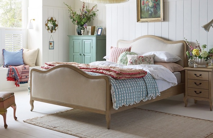 wood and fabric bedframe