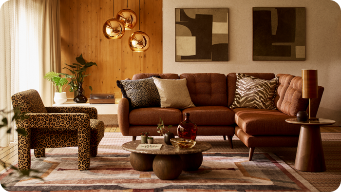 French Connection New Camden corner sofa with Wylde leopard print accent chair