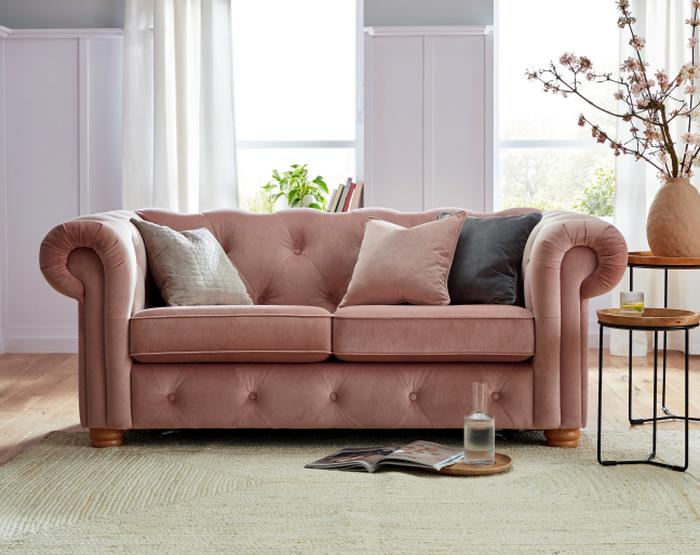 Homemover hub with Belair sofa bed in blush sensual velvet