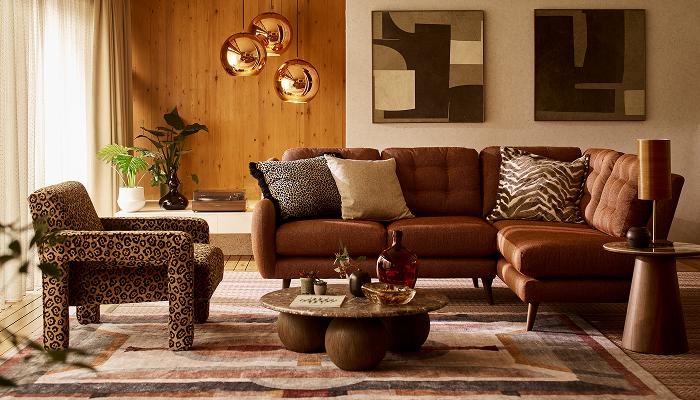 French Connection New Camden weave corner sofa with Wylde leopard print accent chair