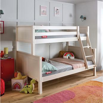 a white bunk bed with a single top and double bottom bunk