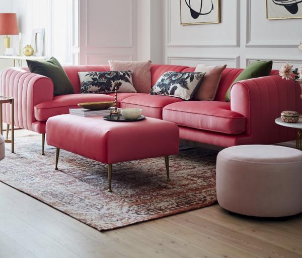 Enchanted Pink Velvet Corner Sofa with Complimentary Pink footstool