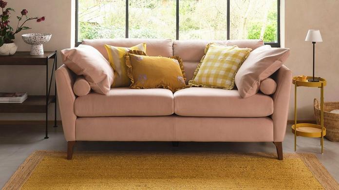 Good Housekeeping Emmeline Eco Velvet Sofa in Blush with Matching Velvet Scatter Cushions